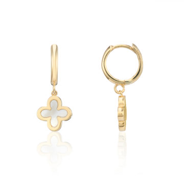 Mother-of-Pearl and Yellow Gold Clover Motif Hoop Earrings