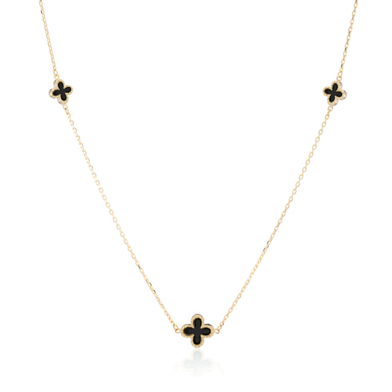 Onyx and Yellow Gold Clover Motif Necklace