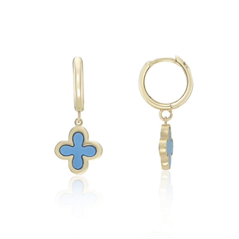 Turquoise and Yellow Gold Clover Motif Hoop Earrings